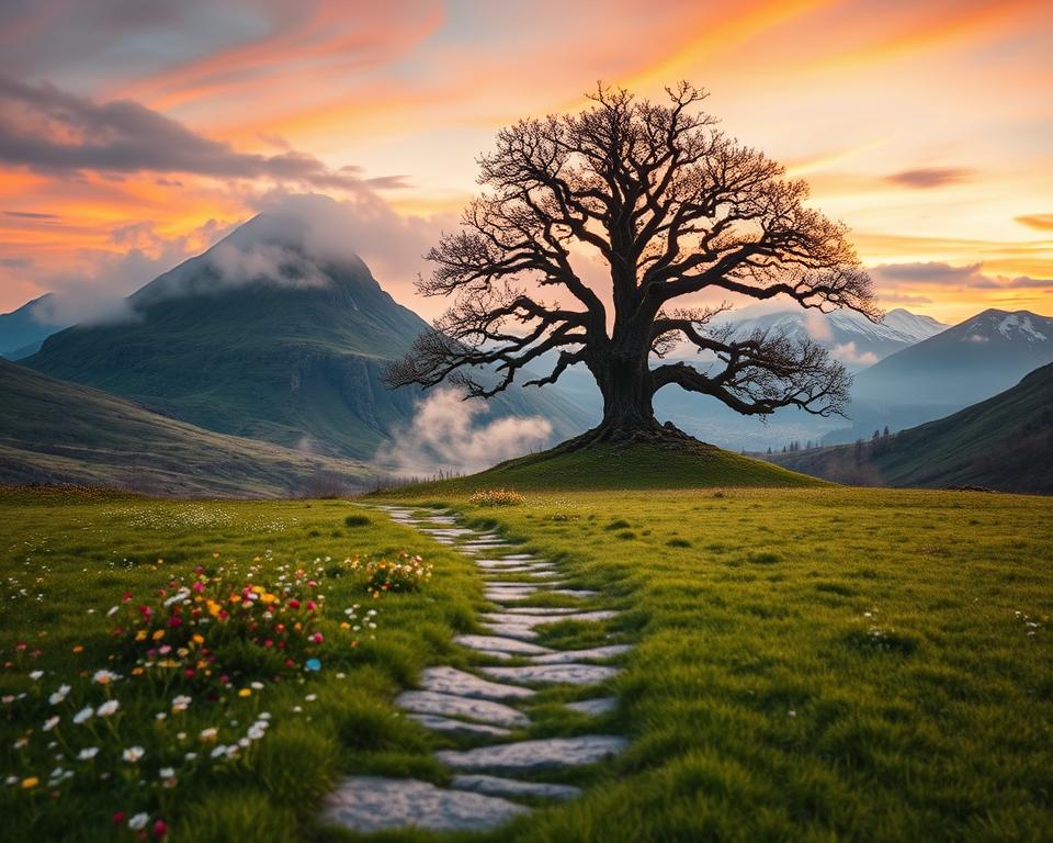 A mystical Scottish Highlands landscape, reminiscent of the magical world from Harry Potter. In the foreground, a lush green meadow dotted with colorful wildflowers leads to a serene, stone-covered path. In the middle ground, a majestic, ancient oak tree stands proudly, its gnarled branches stretching towards the sky. A craggy hill rises behind it, partially shrouded in swirling mist, evoking an enchanting atmosphere. The background features distant, rugged mountains capped with snow, under a vibrant twilight sky painted with hues of orange and purple. The scene is bathed in soft, diffused lighting, creating a dreamlike feel. Capture this enchanting landscape from a slight low angle to emphasize the grandeur of the setting while maintaining a sense of intimacy with the foreground.