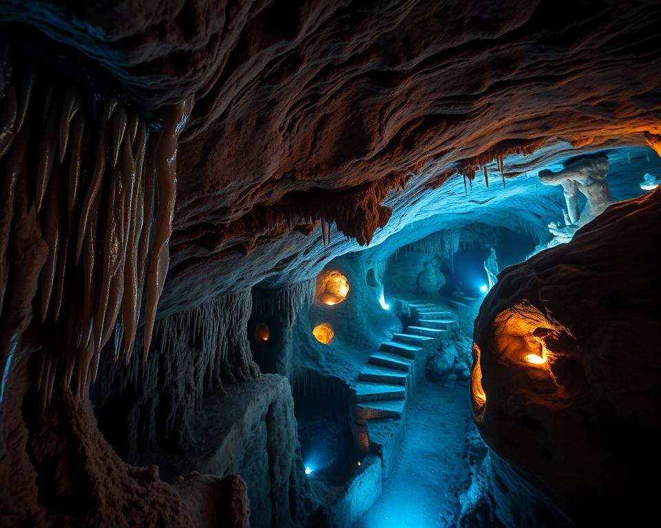 A mystical underground scene within the Schlossberghöhlen in Homburg, showcasing intricate natural rock formations illuminated by soft, atmospheric lighting. In the foreground, ancient stalactites glisten, reflecting a faint blue glow. The middle ground features winding pathways that lead deeper into the cave, enhanced by glowing crystals embedded in the walls, evoking a sense of otherworldly secrets and legends. The background reveals shadowy alcoves and faint silhouettes of mythical creatures hinted at in the rock textures, adding an air of mystery. The lens should capture a slightly upward angle, creating a dramatic effect, while the overall mood is enchanting and slightly eerie, inviting exploration and wonder.