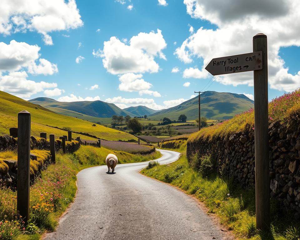 A narrow country road winding through the lush green hills of Ireland, flanked by moss-covered stone walls and vibrant wildflowers. In the foreground, a weathered signpost points to quaint nearby villages, while a solitary sheep grazes in the grass, adding local charm. The middle ground features gentle rolling hills dotted with patches of heather and thickets of trees under a bright blue sky, scattered clouds casting soft shadows. In the background, majestic mountains rise, creating a stunning contrast against the verdant landscape. The scene is bathed in warm, golden sunlight, evoking a tranquil, inviting atmosphere, perfect for travelers seeking adventure on Ireland's scenic routes. The composition should be captured from a low angle, drawing the viewer’s attention to the road and surrounding beauty. A narrow country road winding through the lush green hills of Ireland, flanked by moss-covered stone walls and vibrant wildflowers. In the foreground, a weathered signpost points to quaint nearby villages, while a solitary sheep grazes in the grass, adding local charm. The middle ground features gentle rolling hills dotted with patches of heather and thickets of trees under a bright blue sky, scattered clouds casting soft shadows. In the background, majestic mountains rise, creating a stunning contrast against the verdant landscape. The scene is bathed in warm, golden sunlight, evoking a tranquil, inviting atmosphere, perfect for travelers seeking adventure on Ireland's scenic routes. The composition should be captured from a low angle, drawing the viewer’s attention to the road and surrounding beauty.