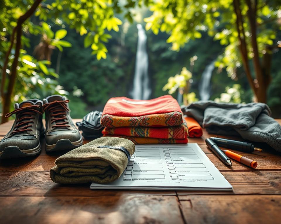 A neatly arranged travel checklist on a rustic wooden table, featuring essential items for a tour in Sekumpul, such as sturdy hiking shoes, breathable clothing, and a vibrant towel folded in the center. The foreground focuses on the towel, showcasing its texture and colors, while the middle presents the checklist with items clearly visible and well-organized, offering a sense of preparation and adventure. The background captures a serene outdoor scene, hinting at lush green rainforest and waterfalls to symbolize Sekumpul’s beauty. Natural sunlight filters through leaves, creating dappled light and casting soft shadows, evoking a mood of anticipation and readiness for exploration. The lens is set to a slightly elevated angle, inviting the viewer to engage with the visual narrative of preparation for the journey.