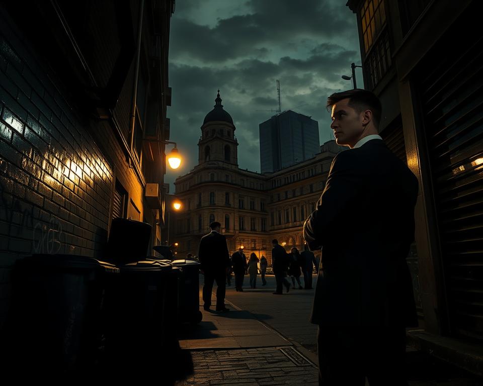 A nighttime scene in Buenos Aires, illustrating a sense of unease and danger. In the foreground, a narrow alleyway dimly lit by flickering streetlights, revealing trash bins and graffiti on the walls. A figure in professional business attire stands with a wary expression, glancing over their shoulder, suggesting caution. In the middle ground, silhouettes of shadowy figures linger at the edges, partially obscured by the darkness, hinting at potential threats. The background features a blend of historic buildings and modern architecture, shrouded in ominous shadows under a cloudy night sky. The lighting casts stark contrasts, creating a moody and tense atmosphere, evoking the feeling of being alert in a bustling yet dangerous urban environment. Use a wide-angle lens for a dynamic perspective.