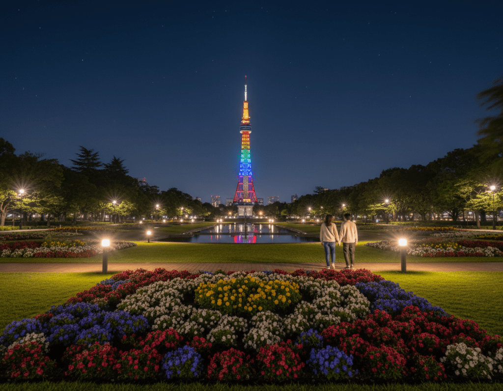 A nighttime view of Hisaya Odori Park in Nagoya, featuring the iconic Nagoya TV Tower sparkling in the background. In the foreground, lush green grass and well-maintained flower beds reflect ambient lighting, providing a serene atmosphere. The park is illuminated by soft, warm lights that enhance the vibrant colors of the flowers, while tree branches are gently swaying in the evening breeze. In the middle ground, a couple dressed in modest casual clothing strolls along the pathway, enjoying the tranquility of the park. The background showcases the Nagoya TV Tower, bathed in colorful lights, creating a striking contrast against the deep blue night sky filled with scattered stars. The overall mood is romantic and peaceful, inviting viewers to imagine a leisurely evening in one of Nagoya's highlights.