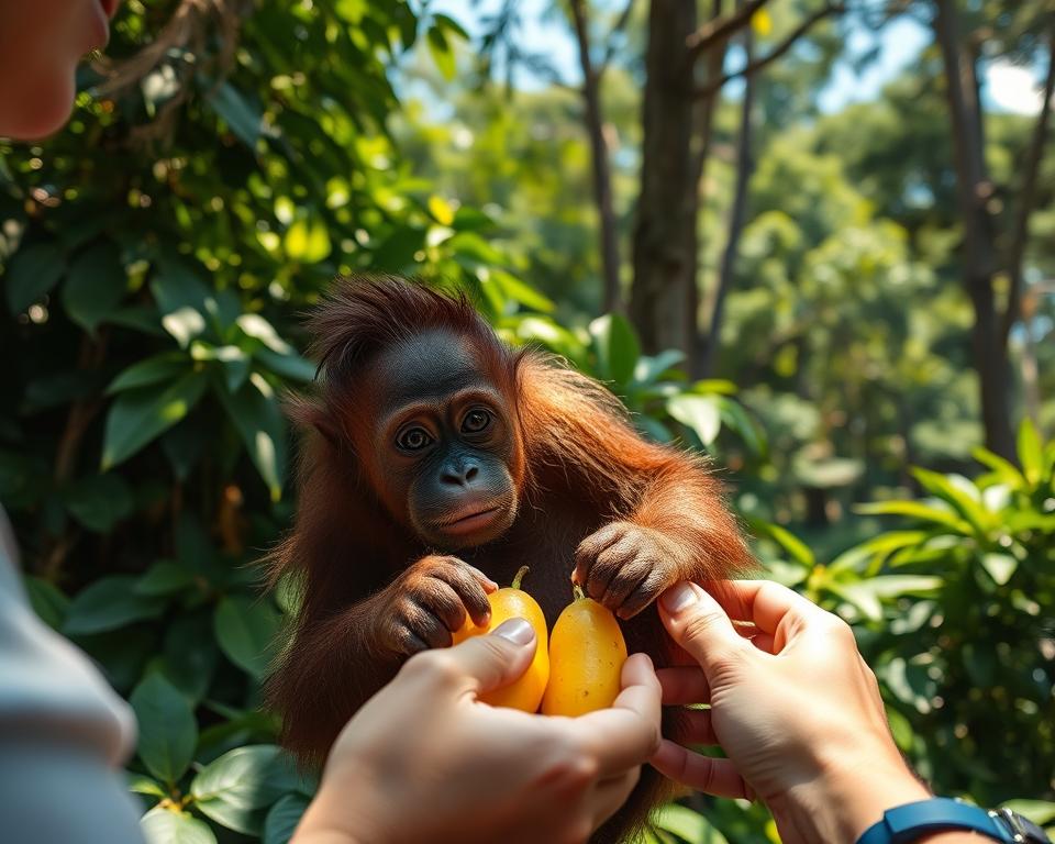 A nurturing and serene scene of an orangutan being fed in the lush rainforest of Sepilok, Malaysia. In the foreground, a caregiver gently offers fresh fruits to a young orangutan, its expressive eyes filled with curiosity. The middle ground features dense, vibrant tropical foliage, with dappled sunlight filtering through the leaves, casting a warm glow on the scene. In the background, hints of towering trees and a clear blue sky complete the natural setting. Use a soft focus on the background to accentuate the intimate interaction between the human and orangutan. The atmosphere is one of warmth and connection, evoking a sense of wonder and harmony in nature. natural lighting, close-up angle, capturing the details of fur and facial expressions.