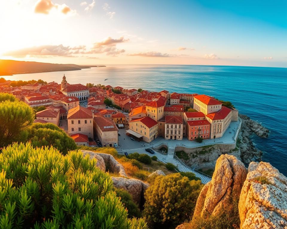 A panoramic view from the Trogir viewpoint, showcasing the ancient architecture of the old town bathed in golden sunset light. In the foreground, lush greenery and rocky outcrops frame the scene, while charming historical buildings with red-tiled roofs and narrow cobblestone streets are visible in the middle ground. The vibrant blue Adriatic Sea glimmers in the background, reflecting the warm hues of the sky. Soft clouds add depth to the scene, enhancing a tranquil atmosphere. The angle is slightly elevated, creating a sense of exploration and discovery. The overall mood is inviting and serene, perfect for highlighting the hidden gems of Trogir. No people are included in this serene landscape to maintain focus on the stunning views.