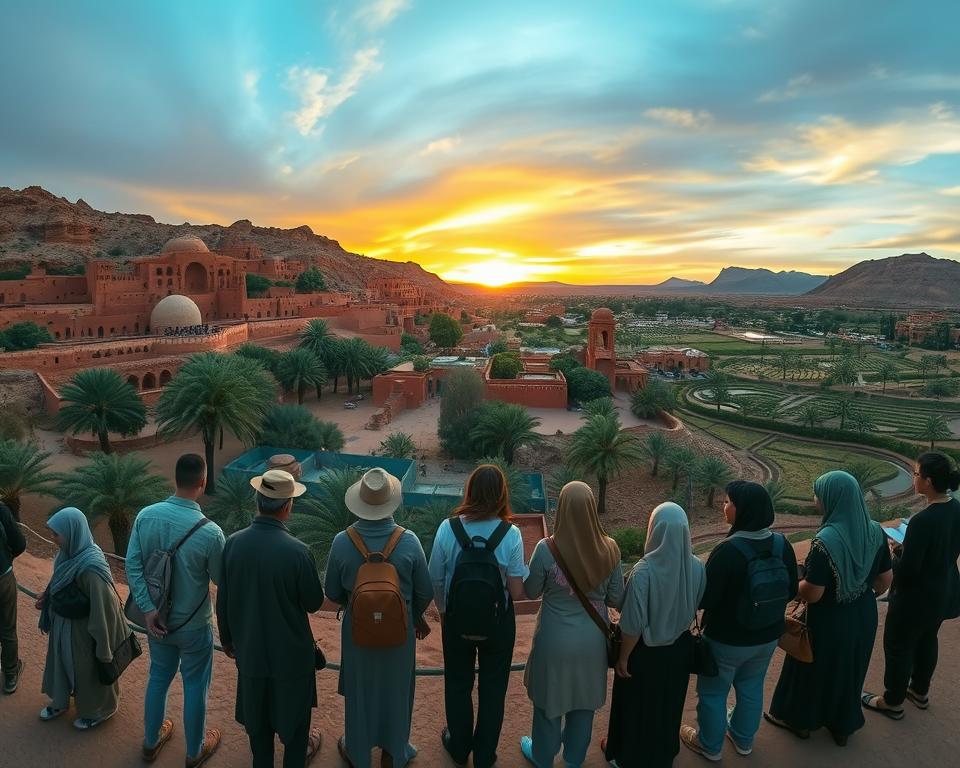 A panoramic view of Ait Ben Haddou, a UNESCO World Heritage site in Morocco, showcasing its striking earthen clay architecture harmoniously integrated into the surrounding ochre hills and green palm groves. In the foreground, a diverse group of travelers dressed in modest casual clothing engages in responsible tourism activities, such as supporting local artisans and participating in eco-friendly initiatives. The middle ground features traditional Berber villages and flowing irrigation systems, highlighting sustainable agricultural practices. The background presents a dramatic sunset sky with warm, golden hues, casting soft light over the landscape. Use a wide-angle lens to capture the expansive scene, emphasizing the connection between culture, nature, and sustainable travel. The mood is inviting and serene, inspiring viewers to embrace responsible travel in this enchanting region.