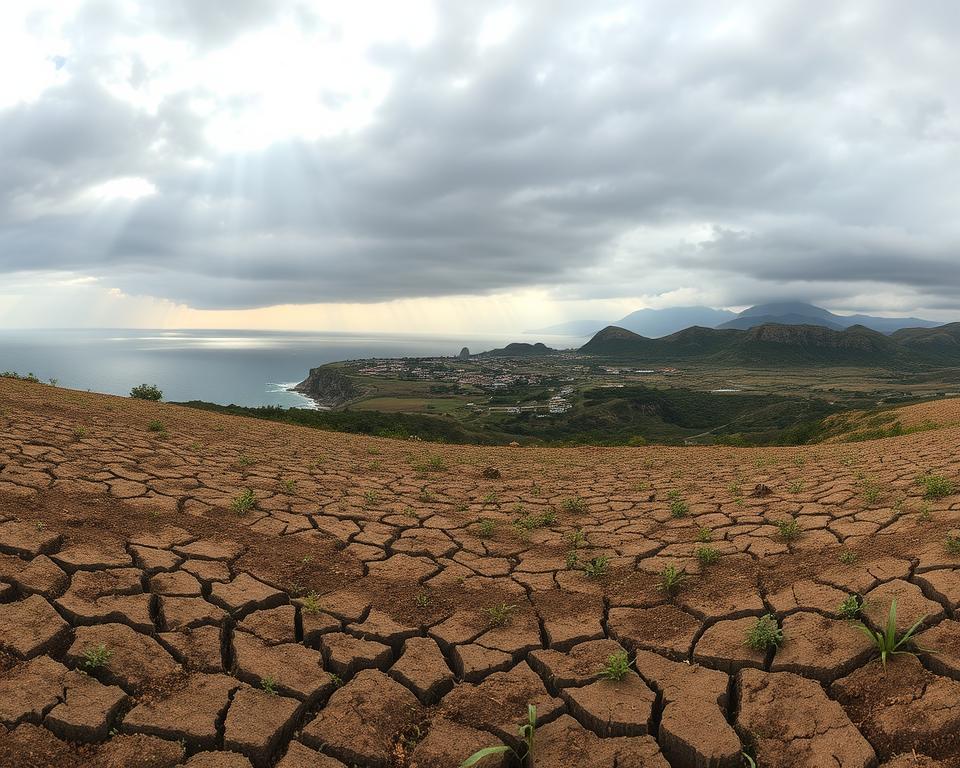 A panoramic view of Albanian coastal cliffs under a dramatic sky, illustrating the impacts of climate change. In the foreground, an agricultural field shows drought effects, with cracked earth and wilting crops. In the middle, a village is visible, with modest houses and subtle signs of rising sea levels threatening the shoreline. The background features distant mountains, partially shrouded in mist, symbolizing the changing climate. The lighting is soft but moody, suggesting an overcast day with beams of sunlight breaking through. The angle is slightly elevated, capturing the vast landscape and the interactive elements. The atmosphere conveys urgency and the beauty of nature, highlighting both the vulnerability and resilience of Albania amid climate change. A panoramic view of Albanian coastal cliffs under a dramatic sky, illustrating the impacts of climate change. In the foreground, an agricultural field shows drought effects, with cracked earth and wilting crops. In the middle, a village is visible, with modest houses and subtle signs of rising sea levels threatening the shoreline. The background features distant mountains, partially shrouded in mist, symbolizing the changing climate. The lighting is soft but moody, suggesting an overcast day with beams of sunlight breaking through. The angle is slightly elevated, capturing the vast landscape and the interactive elements. The atmosphere conveys urgency and the beauty of nature, highlighting both the vulnerability and resilience of Albania amid climate change.