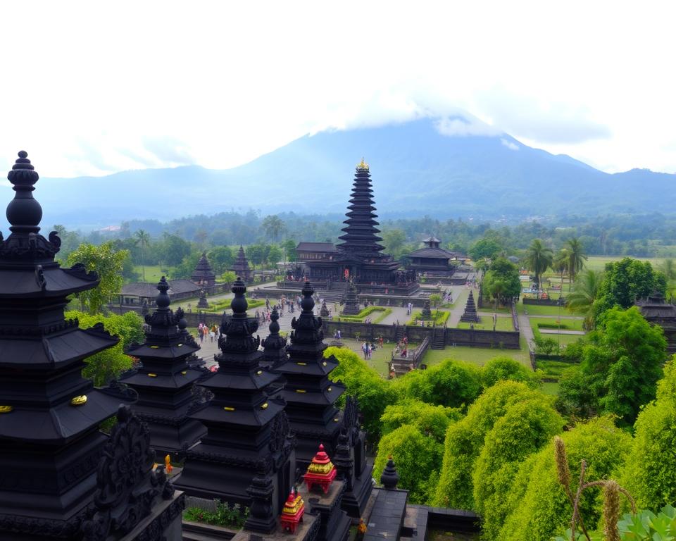 A panoramic view of Besakih Temple, Bali, nestled on the lush slopes of Mount Agung, in the foreground vibrant greenery with intricate temple structures made of black stone and decorated with colorful offerings. In the middle, the majestic central temple with tiered roofs rising into the sky, surrounded by serene gardens and pathways leading to the different shrines. In the background, the dramatic, mist-covered peaks of the mountain loom, partially obscured by clouds. Soft, diffused morning light bathes the scene, creating a tranquil atmosphere. Capture the intricate carvings on the temple walls and the vibrant colors of the offerings, giving a sense of spiritual significance and cultural heritage. Use a wide-angle lens to enhance the depth and breadth of the landscape.