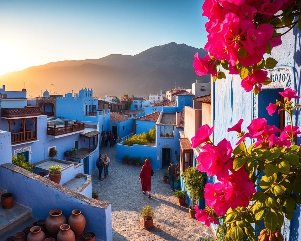 A panoramic view of Chefchaouen, the Blue City of Morocco, during the best travel season, showcasing vibrant blue-washed buildings with intricate architectural details. In the foreground, traditional Moroccan pottery in deep hues can be seen, along with blooming bougainvillea plants providing a splash of color. The middle ground captures cobblestone streets winding between the buildings, bustling with visitors dressed in modest casual clothing. The background features the rugged Rif Mountains, partially shrouded in soft, golden sunlight, underscoring the serene atmosphere. The lighting is warm and inviting, creating a tranquil mood as the sun begins to set. Capture this scene from a slightly elevated angle to emphasize the depth and beauty of the city.