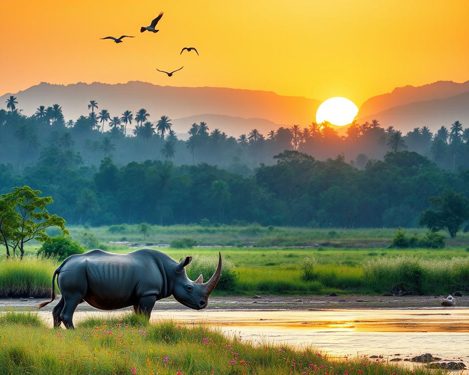 A panoramic view of Chitwan National Park in Nepal, focusing on a lush, vibrant landscape that showcases the park's rich biodiversity. In the foreground, a majestic one-horned rhinoceros grazes peacefully near a serene riverbank, surrounded by tall grass and colorful wildflowers. The middle ground features a dense expanse of tropical forests with soaring sal trees, while exotic birds can be seen taking flight overhead. In the background, the silhouette of the picturesque Himalayan foothills rises softly under a warm golden sunset, casting long shadows and creating a tranquil atmosphere. Soft, diffused light enhances the natural colors, highlighting the beauty of this UNESCO World Heritage site. The composition should evoke a sense of history and harmony with nature, without any people or text in the scene.