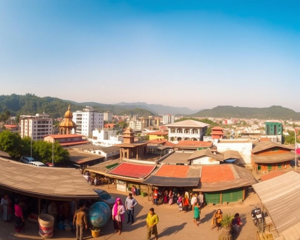 A panoramic view of Dimapur, Nagaland, showcasing its unique blend of urban life and natural beauty. In the foreground, a bustling marketplace with locals in traditional attire, highlighting the culture of the Naga people. The middle ground features modern buildings that reflect the development of the city, alongside traditional structures that showcase the area's heritage. The background includes lush, green hills under a clear blue sky, creating a serene contrast to the cityscape. Soft, warm lighting casts gentle shadows, enhancing the inviting atmosphere of the city. Captured with a wide-angle lens for depth, the image exudes a sense of arrival and exploration, perfect for depicting Dimapur as a gateway to Nagaland.