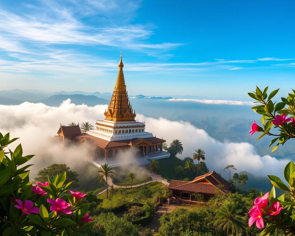 A panoramic view of Doi Suthep, perched majestically atop a misty mountain, showcasing the intricately designed Wat Phra That Doi Suthep temple with its golden stupa glistening in the sunlight. In the foreground, lush greenery with vibrant tropical flowers frame the temple, leading the eye up towards it. The middle ground features winding paths and wooden structures that are characteristic of the serene spiritual atmosphere. The background displays the mountainous landscape extending into the distance under a clear blue sky. Soft, warm lighting creates a peaceful ambiance, accentuating the temple's ornate details. Capture the image from a slightly elevated angle to offer a dramatic perspective, evoking a sense of wonder and tranquility in this sacred site. A panoramic view of Doi Suthep, perched majestically atop a misty mountain, showcasing the intricately designed Wat Phra That Doi Suthep temple with its golden stupa glistening in the sunlight. In the foreground, lush greenery with vibrant tropical flowers frame the temple, leading the eye up towards it. The middle ground features winding paths and wooden structures that are characteristic of the serene spiritual atmosphere. The background displays the mountainous landscape extending into the distance under a clear blue sky. Soft, warm lighting creates a peaceful ambiance, accentuating the temple's ornate details. Capture the image from a slightly elevated angle to offer a dramatic perspective, evoking a sense of wonder and tranquility in this sacred site.