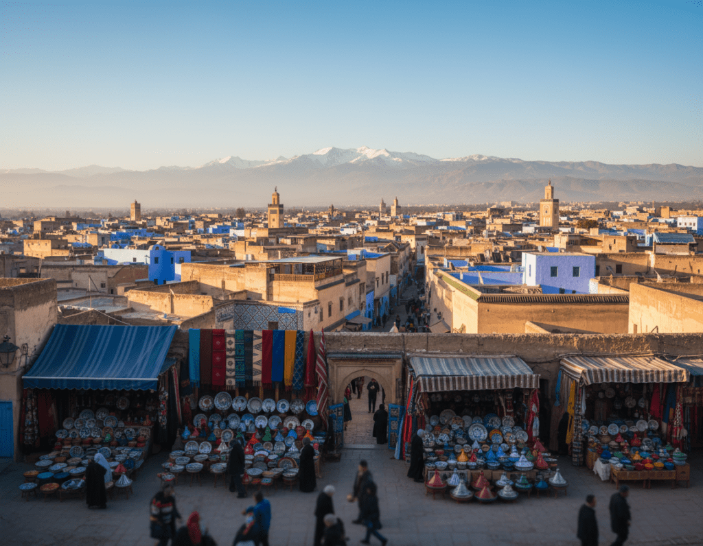 A panoramic view of Fes, Morocco, showcasing its stunning blue buildings adorned with intricate traditional motifs. In the foreground, vibrant market stalls display rich textiles and handcrafted ceramics, adding splashes of color. The middle ground features the iconic medina, with narrow winding streets flanked by historic architecture, all bathed in warm, golden sunlight. In the background, the majestic Atlas Mountains rise against a clear blue sky, emphasizing the city's unique landscape. The atmosphere is lively yet serene, capturing the essence of Moroccan culture. The image should have a slightly elevated perspective and soft focus, creating a dreamy quality that invites viewers to explore the mystique of the blue city.