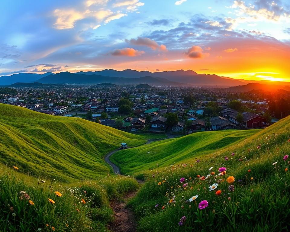 A panoramic view of Kohima, Nagaland, capturing the essence of this vibrant city. In the foreground, rolling green hills adorned with wildflowers frame a narrow winding path. The middle ground reveals the bustling city life with traditional Naga wooden houses and some modern buildings, showcasing a blend of history and contemporary culture. In the background, majestic mountains rise under a dynamic sky at sunset, with warm orange and purple hues casting a golden light over the scene. The atmosphere is tranquil yet lively, inviting exploration and discovery. The composition is shot from a slightly elevated angle, enhancing the depth and perspective, creating an inviting scene full of life and beauty.