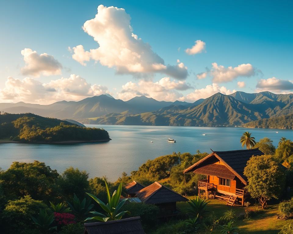 A panoramic view of Lake Toba in Sumatra, Indonesia, surrounded by lush green hills and volcanic mountains under a bright blue sky with fluffy white clouds. In the foreground, there are traditional Batak houses with thatched roofs nestled among vibrant tropical flowers and trees. The middle ground features the serene lake with gentle ripples reflecting the landscape, dotted with small fishing boats. In the background, majestic mountains rise steeply, their rugged profiles contrasting with the calm water. The lighting is soft and warm, suggesting late afternoon, casting a golden hue across the scene. The atmosphere is tranquil and inviting, capturing the natural beauty and cultural heritage of the region. A panoramic view of Lake Toba in Sumatra, Indonesia, surrounded by lush green hills and volcanic mountains under a bright blue sky with fluffy white clouds. In the foreground, there are traditional Batak houses with thatched roofs nestled among vibrant tropical flowers and trees. The middle ground features the serene lake with gentle ripples reflecting the landscape, dotted with small fishing boats. In the background, majestic mountains rise steeply, their rugged profiles contrasting with the calm water. The lighting is soft and warm, suggesting late afternoon, casting a golden hue across the scene. The atmosphere is tranquil and inviting, capturing the natural beauty and cultural heritage of the region.