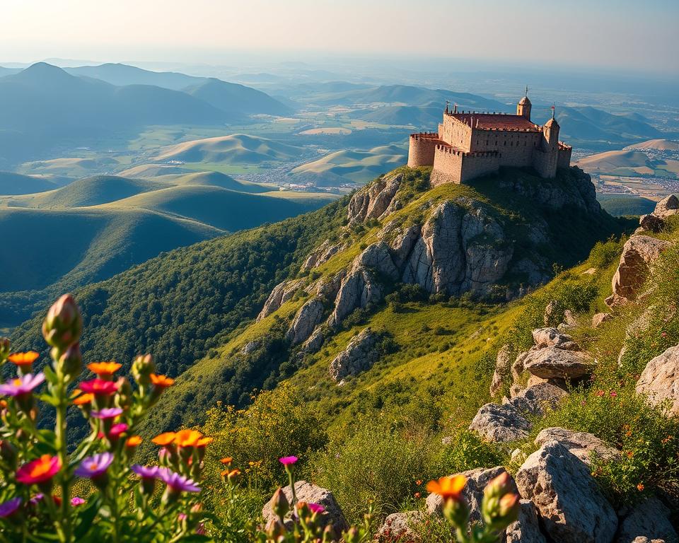A panoramic view of Monte Titano, the iconic mountain of San Marino, showcasing its stunning landscape between lush green hills and the sparkling Adriatic Sea. In the foreground, include vibrant wildflowers and rocky outcrops that add texture and detail. The middle ground features the historic Guaita fortress perched atop the mountain, with its stone walls and distinctive towers. In the background, the rolling hills of the Italian countryside stretch towards the horizon, bathed in warm golden sunlight. Use soft, diffused lighting to create a tranquil atmosphere, and capture the scene from a slightly elevated angle to emphasize the grandeur of the mountain. The overall mood should evoke a sense of adventure and discovery in this picturesque Italian landscape.