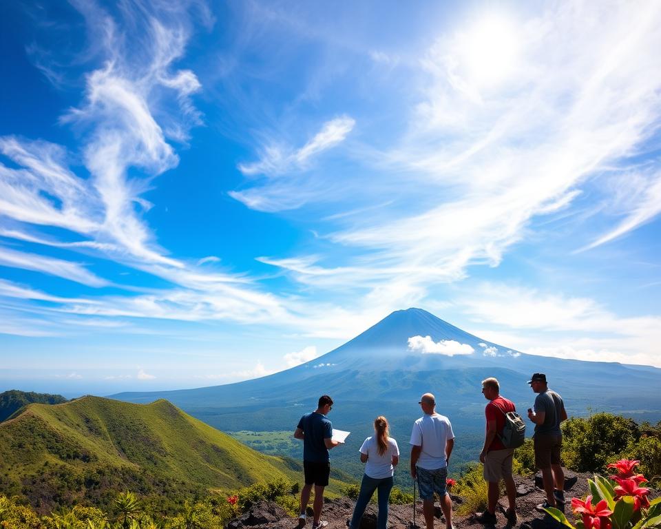 A panoramic view of Mount Agung in Bali, showcasing its majestic peak against a bright blue sky with wispy white clouds. In the foreground, a group of hikers dressed in modest, casual clothing consult a safety map while taking breaks on a rocky outcrop. The middle ground features lush green slopes dotted with vibrant tropical flowers, illustrating the rich biodiversity of the area. In the background, the imposing volcano looms, its slopes exhibiting subtle signs of volcanic activity, shrouded in a light mist, enhancing the sense of adventure and caution. The lighting is warm and inviting, reminiscent of early morning sunlight. The atmosphere evokes a combination of tranquility and respect for nature's power, emphasizing the importance of safety for all who explore this iconic location.