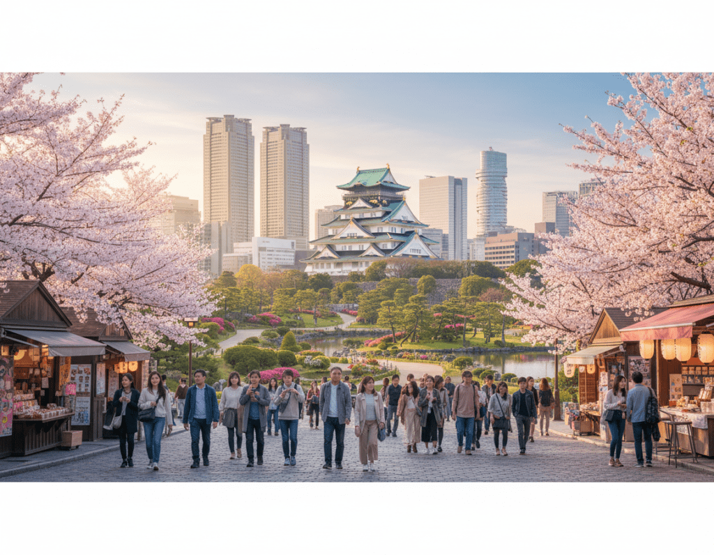 A panoramic view of Nagoya, Japan, highlighting its most iconic landmarks. In the foreground, a bustling street lined with cherry blossom trees and quaint shops, where a diverse group of people in modest, casual clothing engage in conversation and take pictures. In the middle ground, majestic Nagoya Castle with its distinctive green roofs stands proudly against a clear blue sky, surrounded by beautifully manicured gardens. The background features modern skyscrapers that represent the city’s urban landscape contrasting with traditional architecture. The scene is bathed in soft, warm sunlight, enhancing the vibrant colors of the blossoms and buildings. Capture this lively atmosphere, inviting travelers to explore the city’s rich cultural heritage and contemporary attractions.