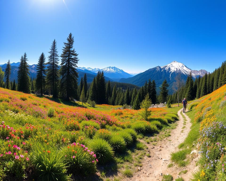 A panoramic view of Nahuel Huapi National Park in Patagonia, Argentina, showcasing a variety of hiking trails perfect for all experience levels. In the foreground, a well-worn hiking path meanders through vibrant wildflowers and lush green grasses. The middle ground features a diverse array of coniferous trees, with some hikers in casual outdoor attire enjoying the scenery. In the background, majestic snow-capped mountains rise against a clear blue sky, with soft sunlight illuminating the landscape. Capture the crisp, fresh atmosphere of a sunny day, accentuating the tranquility and adventure synonymous with this breathtaking national park. Use a wide-angle lens to convey the vastness and beauty of the area. A panoramic view of Nahuel Huapi National Park in Patagonia, Argentina, showcasing a variety of hiking trails perfect for all experience levels. In the foreground, a well-worn hiking path meanders through vibrant wildflowers and lush green grasses. The middle ground features a diverse array of coniferous trees, with some hikers in casual outdoor attire enjoying the scenery. In the background, majestic snow-capped mountains rise against a clear blue sky, with soft sunlight illuminating the landscape. Capture the crisp, fresh atmosphere of a sunny day, accentuating the tranquility and adventure synonymous with this breathtaking national park. Use a wide-angle lens to convey the vastness and beauty of the area.