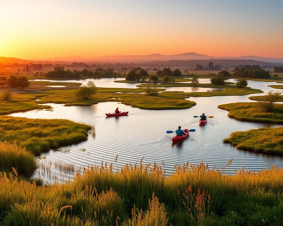 A panoramic view of National Park De Biesbosch during golden hour, capturing sprawling wetlands and lush greenery. In the foreground, gentle waterway ripples reflect the vibrant sunset hues of oranges and pinks, dotted with native reeds and wildflowers. The middle ground features tranquil lakes surrounded by clusters of trees, some silhouetted against the dusky skyline, while a couple of kayakers in modest casual attire navigate the serene waters. In the background, distant rolling hills fade into a soft mist, enhancing the sense of solitude and tranquility. The overall atmosphere is peaceful and inviting, evoking a sense of exploration and natural beauty, ideal for planning a visit. The lighting is warm and soft, showcasing the rich colors of the landscape.