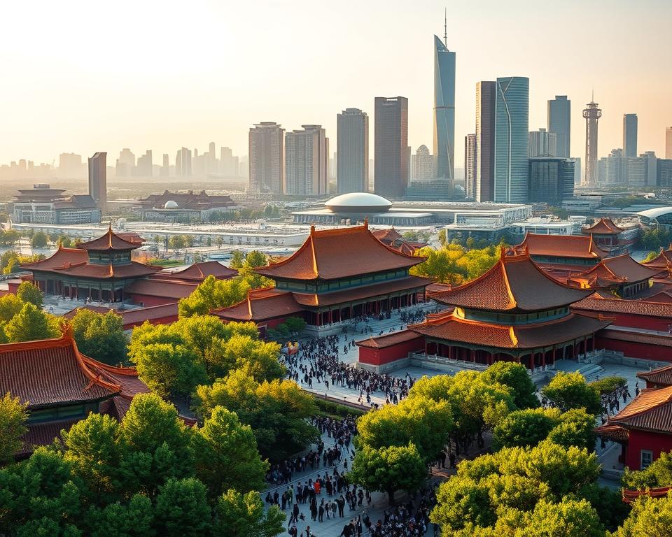 A panoramic view of Peking, China, showcasing the blend of traditional and modern architecture. In the foreground, include the iconic Forbidden City with its ornate roofs and vibrant colors, surrounded by lush greenery. The middle ground features bustling streets filled with people in professional business attire, reflecting the city's dynamic energy. In the background, highlight the modern skyline with towering skyscrapers, such as the CCTV Headquarters. Capture the scene during golden hour, where warm sunlight bathes the city, casting long shadows and enhancing the rich colors. The overall mood is vibrant and bustling, portraying Peking as a major hub of culture and commerce, with a harmonious coexistence of history and modernity. Use a wide-angle lens to encapsulate the grandeur of the cityscape.