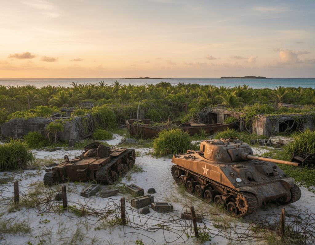 A panoramic view of Peleliu Island, Palau, during the era of World War II, showcasing the historic Bloody Beach, with remnants of war such as rusting tanks and barbed wire in the foreground. In the middle ground, depict lush green vegetation intertwined with remnants of military equipment, highlighting the juxtaposition of nature and history. The background should feature the tranquil ocean, reflecting a serene sky at sunset, bathing the scene in warm, golden light. Capture the mood of reflection and somber remembrance, emphasizing the contrast between the island's natural beauty and its tragic past. Use a wide-angle lens to encompass the vastness of the landscape, ensuring clear details in both foreground elements and the serene background scenery.