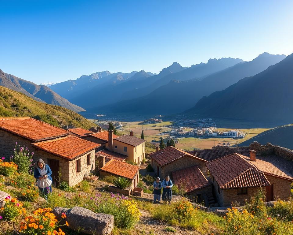 A panoramic view of Pico Europa Nationalpark in Spain, showcasing its rich cultural heritage. In the foreground, traditional stone houses with terracotta roofs are interspersed with vibrant wildflowers. The middle ground features a group of locals dressed in modest traditional attire, engaging in time-honored crafting, such as weaving or woodworking. The background reveals majestic mountains under a clear blue sky, with soft sunlight casting warm hues across the landscape. The atmosphere is lively yet serene, evoking a sense of connection to history and nature. Use a wide-angle lens for depth, emphasizing the harmonious relationship between the people and their environment, all while ensuring a vibrant yet tranquil mood.
