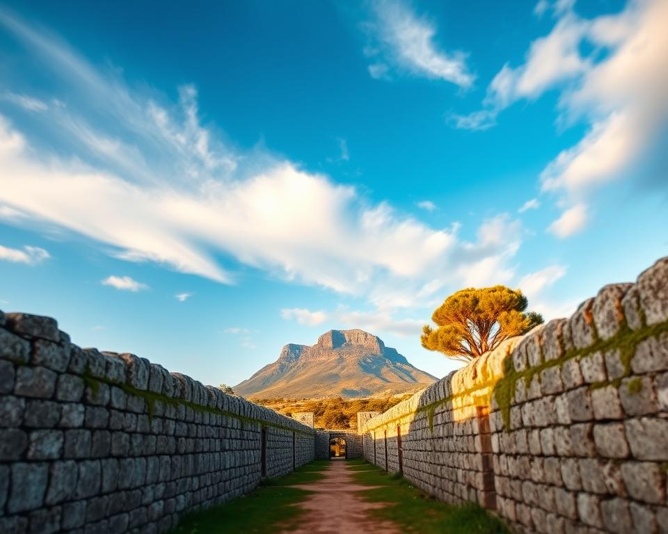 A panoramic view of Robben Island, showcasing the historic prison complex under a bright blue sky with soft white clouds. In the foreground, ancient thick stone walls of the prison are weathered and covered in patches of greenery, symbolizing resilience. In the middle ground, solitary trees and shrubs frame the path leading to the entrance of the prison, enhancing the sense of history and remembrance. In the background, a glimpse of Table Mountain rises majestically against the horizon, bathed in golden sunlight, creating a warm and reflective atmosphere. The scene is captured with a slight tilt-shift effect, focusing on the prison, to evoke a sense of nostalgia and solemnity, emphasizing the significance of UNESCO World Heritage and the memory culture associated with Robben Island. The overall mood reflects a respectful reverence for history and responsibility for preservation.