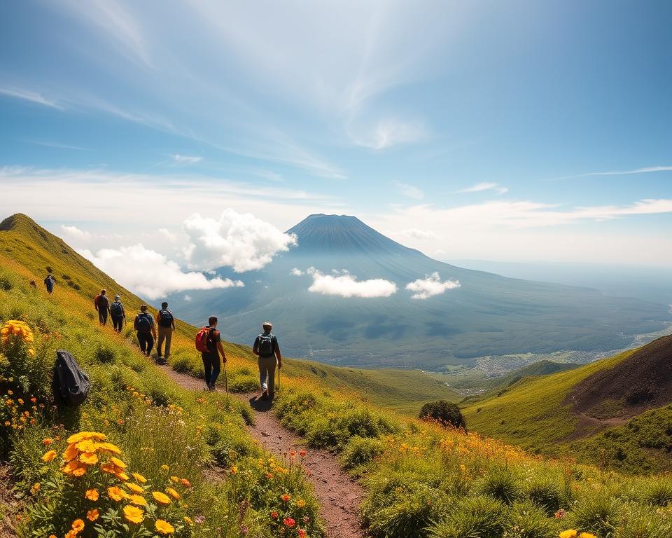 A panoramic view of Sakurajima, featuring hikers trekking along a lush, green trail with volcanic landscapes in the background. In the foreground, vibrant wildflowers bloom alongside the path, while a group of modestly dressed adventurers pauses to admire the breathtaking scenery. The middle ground showcases the looming, majestic silhouette of Sakurajima volcano, partially shrouded by soft clouds and bathed in warm sunlight. The background reveals a clear blue sky with gentle wisps of cirrus clouds, creating a serene atmosphere. Capture this scene with a wide-angle lens to enhance depth, and use natural, diffused lighting for a calm, inviting ambiance, highlighting the beauty of nature and exploration on Japan’s volcanic island.