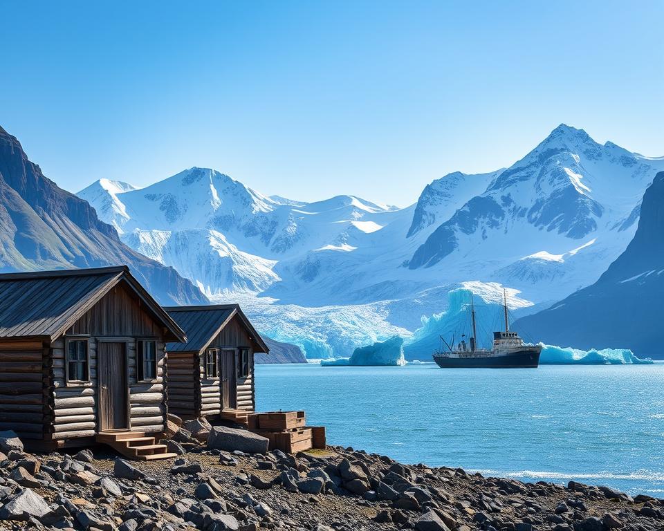 A panoramic view of Spitsbergen showcasing its historical significance, featuring a rugged arctic landscape with dramatic fjords and massive glaciers. In the foreground, weathered wooden cabins from the whaling era sit on a rocky shore, hinting at the island's maritime history. In the middle ground, a historic icebreaker ship is anchored, representing exploration and trade. The background is dominated by towering snow-capped peaks under a clear blue sky, with soft sunlight illuminating the scene, creating a serene, inviting atmosphere. Use a wide-angle lens to capture the breadth of the landscape, emphasizing the vastness and isolation of this arctic paradise. The mood should evoke a sense of adventure and the rich, untold stories of the past. A panoramic view of Spitsbergen showcasing its historical significance, featuring a rugged arctic landscape with dramatic fjords and massive glaciers. In the foreground, weathered wooden cabins from the whaling era sit on a rocky shore, hinting at the island's maritime history. In the middle ground, a historic icebreaker ship is anchored, representing exploration and trade. The background is dominated by towering snow-capped peaks under a clear blue sky, with soft sunlight illuminating the scene, creating a serene, inviting atmosphere. Use a wide-angle lens to capture the breadth of the landscape, emphasizing the vastness and isolation of this arctic paradise. The mood should evoke a sense of adventure and the rich, untold stories of the past.