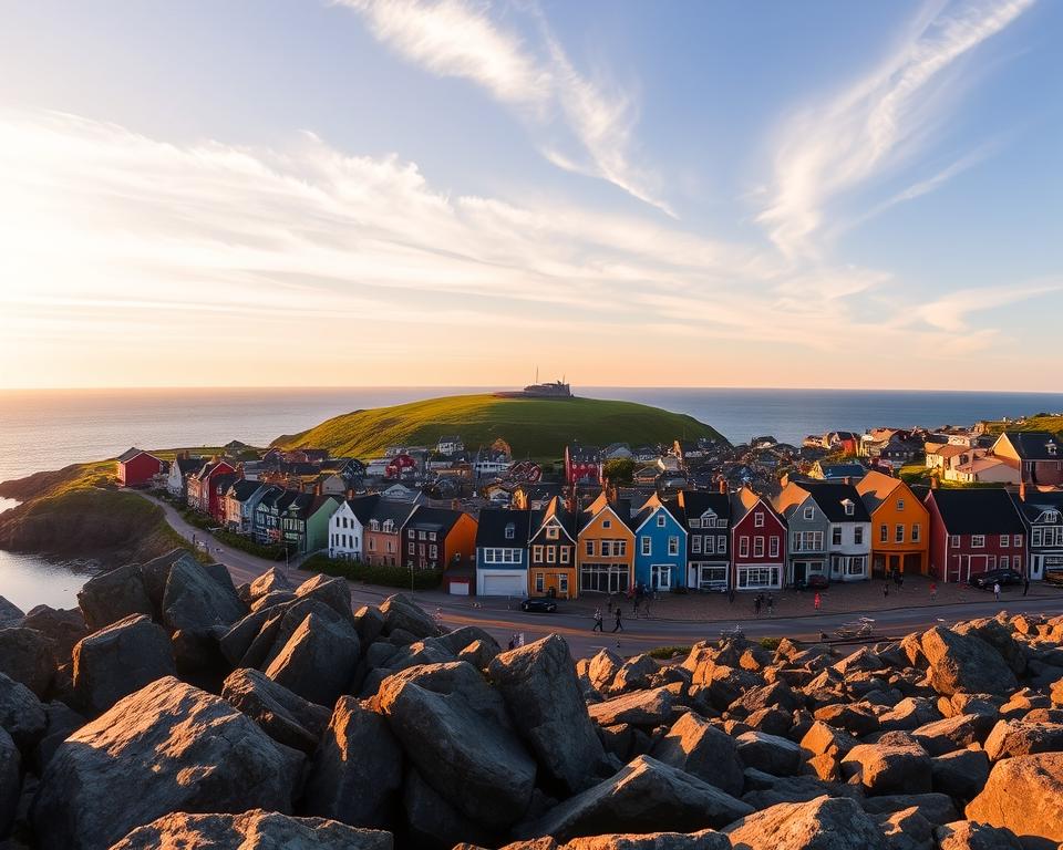 A panoramic view of St. John's, Newfoundland, showcasing its colorful row houses clustering along the waterfront. In the foreground, a rocky shoreline glistens under the soft golden light of sunset. The middle ground features the iconic Signal Hill, draped in lush green grass, and the vibrant town below, bustling with people dressed in casual, modest clothing. Behind them, the Atlantic Ocean stretches out, reflecting the warm hues of the sky. Wispy clouds float above, enhancing the serene atmosphere. Capture this scene with a wide-angle lens at a slightly elevated angle, emphasizing the beauty and charm of this must-visit destination. The overall mood is inviting and peaceful, encouraging exploration and appreciation of St. John's unique vibe.