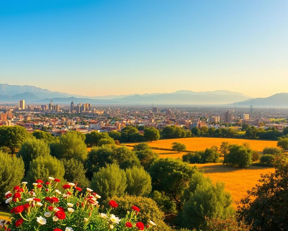 A panoramic view of Tirana, Albania, showcasing the beautiful landscape and climate characteristics throughout the seasons. In the foreground, a vibrant green park with blooming flowers represents spring, blending into golden fields depicting summer. In the middle ground, the iconic Tirana skyline features colorful buildings under a clear blue sky reflecting summer warmth. The background shows distant mountains shrouded in mist, symbolizing autumn, while subtle hints of snow on the peaks evoke winter. The lighting is warm and inviting, resembling late afternoon sun, casting soft shadows and enhancing colors. The atmosphere conveys a sense of natural beauty and climate variability, illustrating the vibrant changes throughout the year in Tirana's climate, with a sense of tranquility and harmony with nature. A panoramic view of Tirana, Albania, showcasing the beautiful landscape and climate characteristics throughout the seasons. In the foreground, a vibrant green park with blooming flowers represents spring, blending into golden fields depicting summer. In the middle ground, the iconic Tirana skyline features colorful buildings under a clear blue sky reflecting summer warmth. The background shows distant mountains shrouded in mist, symbolizing autumn, while subtle hints of snow on the peaks evoke winter. The lighting is warm and inviting, resembling late afternoon sun, casting soft shadows and enhancing colors. The atmosphere conveys a sense of natural beauty and climate variability, illustrating the vibrant changes throughout the year in Tirana's climate, with a sense of tranquility and harmony with nature.