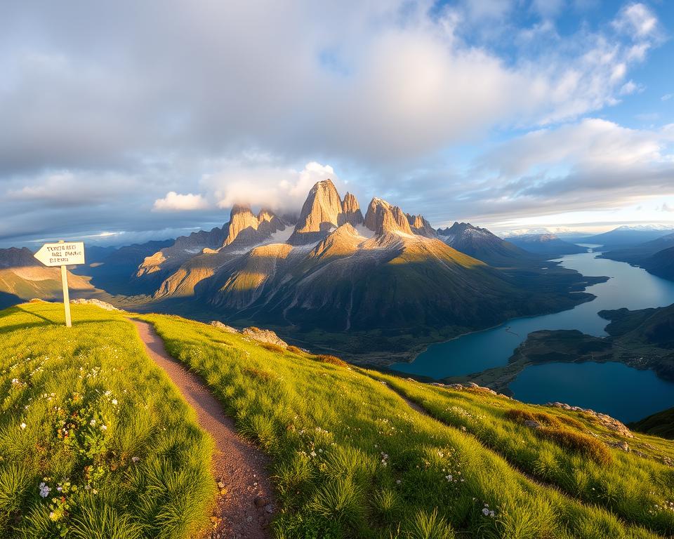 A panoramic view of Torres del Paine National Park, focusing on a rugged mountain landscape under a dramatic sky. In the foreground, a well-maintained trekking path leads through vibrant green grass dotted with wildflowers, indicating safety for visitors. To the left, a small signpost symbolizing orientation points toward the mountain peaks. The middle ground features majestic, granite spires emerging from the clouds, casting shadows over the trails. In the background, a pristine lake reflects the stunning scenery, enhancing the sense of tranquility. The scene is bathed in soft, natural lighting during the golden hour, creating warm hues across the landscape. Emphasize a serene and safe atmosphere, inviting viewers to explore responsibly.