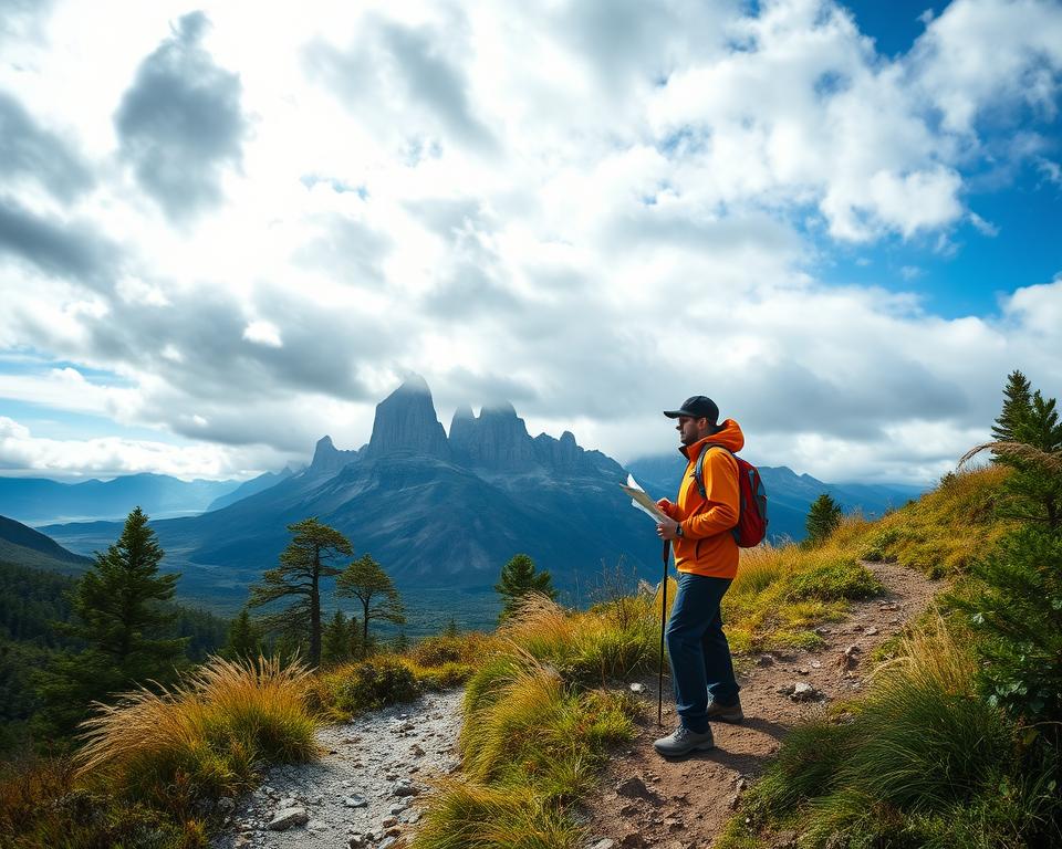 A panoramic view of Torres del Paine National Park on a windy day, showcasing the iconic granite peaks towering in the background under a dramatic sky filled with dark clouds illuminated by occasional bursts of sunlight. In the foreground, a rugged trail winds through native lenga trees and hardy grasses swaying in the breeze, emphasizing the untamed wilderness. A seasoned hiker, dressed in a professional outdoor outfit including a waterproof jacket, stands confidently on the trail, studying the terrain with a map in hand. The atmosphere is one of adventure and caution, capturing the beauty and potential risks of the park. The image is taken with a wide-angle lens, enhancing the vastness of the landscape while offering a sense of exploration.