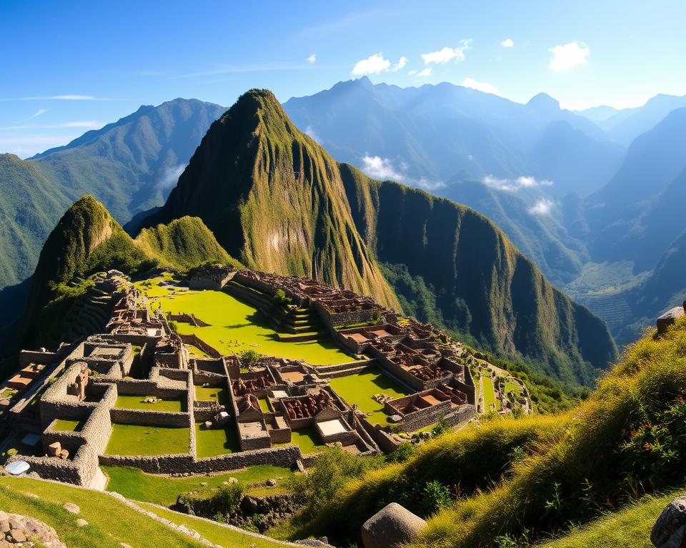 A panoramic view of UNESCO World Heritage archaeological sites in Peru, showcasing the majestic ruins of Machu Picchu in the foreground, with lush green terraces and ancient stone structures illuminated by soft morning light. In the middle ground, the iconic Sacred Valley stretches out, dotted with smaller ruins and indigenous flora. The background features the towering Andes mountains, shrouded in mist, creating a mystical atmosphere. Include a clear blue sky with a few wispy clouds to enhance the serene mood. The scene captures a sense of wonder and rich history, evoking the essence of ancient Peruvian culture. Utilize a wide-angle lens effect to emphasize the grandeur of the landscape.
