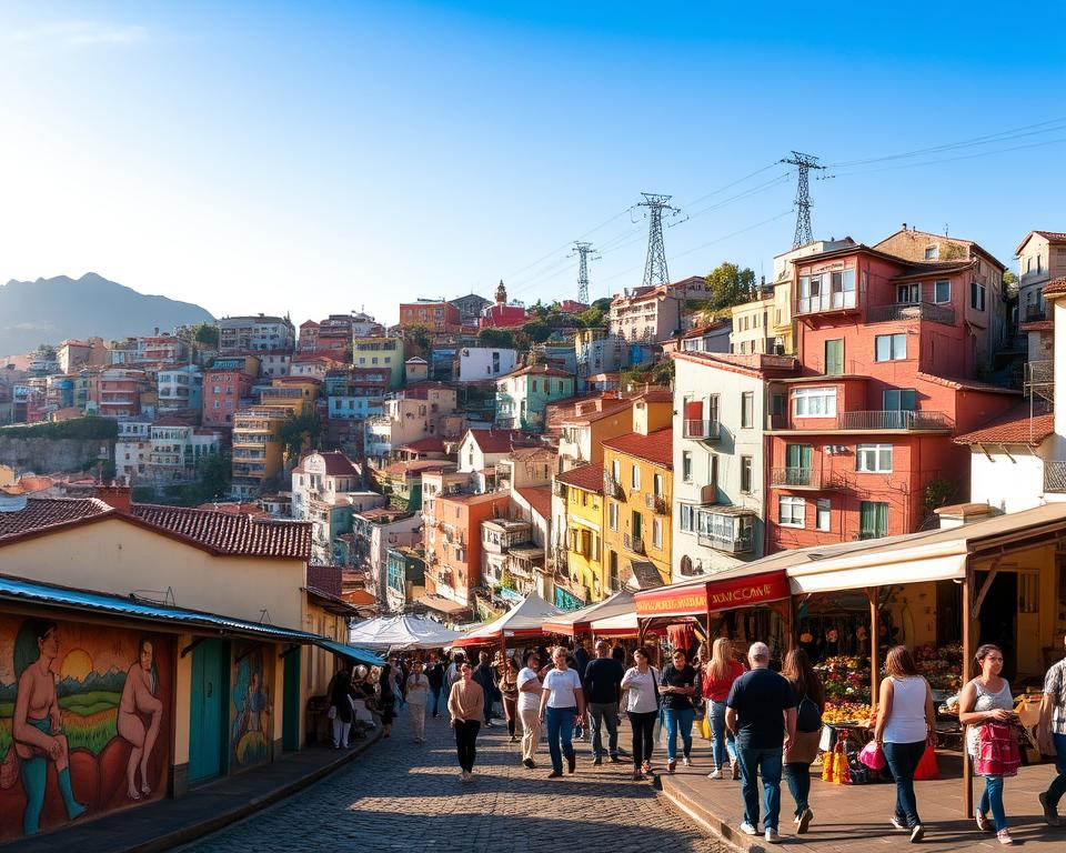 A panoramic view of UNESCO-listed Valparaíso, showcasing its vibrant hillside houses in a rainbow of colors, with intricate, historical architecture. In the foreground, include charming cobblestone streets lined with artistic murals. The middle ground features a bustling market, with locals dressed in casual clothing enjoying the lively atmosphere, emphasizing the city’s cultural richness. In the background, capture the iconic Ascensor lifts rising against the backdrop of a clear blue sky. Soft, golden hour lighting bathes the scene, highlighting textures in the walls, and casting warm shadows. The overall mood should be lively and inviting, reflecting the spirit of this colorful coastal city, with a focus on its unique architectural heritage and UNESCO significance.