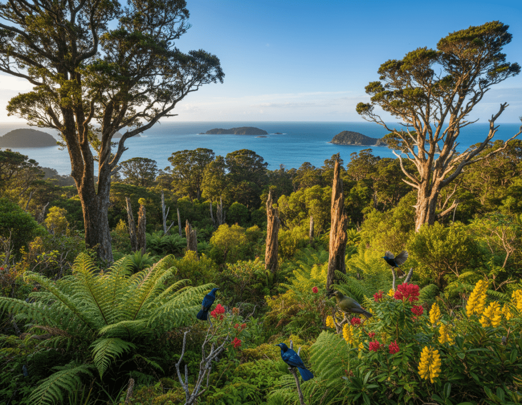 A panoramic view of Ulva Island, showcasing a lush, verdant landscape filled with native New Zealand flora. In the foreground, vivid green ferns and colorful native flowers can be seen, along with clusters of vibrant, native birds flitting through the trees. The middle ground features a diverse forest of towering trees, including rimu and totara, their leaves creating dappled sunlight patterns on the forest floor. In the background, the shimmering blue waters of the surrounding ocean contrast beautifully with the greenery, under a clear, bright sky. Soft, warm lighting emphasizes the island's spirit, capturing a tranquil yet vibrant atmosphere reminiscent of an untouched wildlife paradise. The image is set at a slightly elevated angle to provide depth and perspective, allowing viewers to feel immersed in this natural haven. A panoramic view of Ulva Island, showcasing a lush, verdant landscape filled with native New Zealand flora. In the foreground, vivid green ferns and colorful native flowers can be seen, along with clusters of vibrant, native birds flitting through the trees. The middle ground features a diverse forest of towering trees, including rimu and totara, their leaves creating dappled sunlight patterns on the forest floor. In the background, the shimmering blue waters of the surrounding ocean contrast beautifully with the greenery, under a clear, bright sky. Soft, warm lighting emphasizes the island's spirit, capturing a tranquil yet vibrant atmosphere reminiscent of an untouched wildlife paradise. The image is set at a slightly elevated angle to provide depth and perspective, allowing viewers to feel immersed in this natural haven.