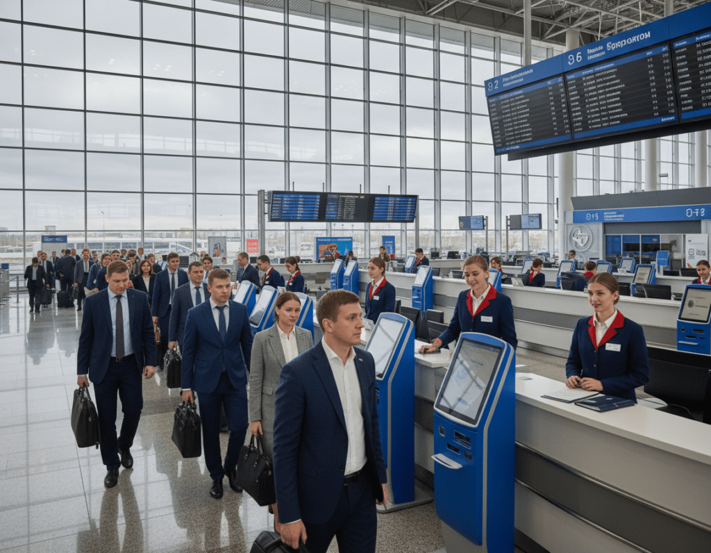 A panoramic view of a bustling airport terminal in Russia, capturing the essence of travel and anticipation. In the foreground, a diverse group of travelers in professional business attire stand in a well-organized queue, their expressions reflecting a mix of excitement and concern. The middle ground features modern check-in kiosks and information desks with friendly staff, clad in formal uniforms, assisting passengers. The background showcases large windows revealing a cloudy sky, hinting at the weather's unpredictability. Soft, diffused lighting creates an inviting and optimistic atmosphere, emphasizing the importance of preparation and awareness for travelers. The scene is captured from a slightly elevated angle, highlighting the dynamic energy of the airport while maintaining a sense of order and readiness.