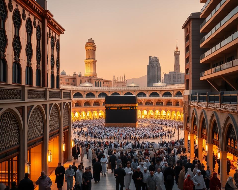 A panoramic view of hotels in Mecca near the Holy Mosque, showcasing a blend of traditional and modern architecture. In the foreground, elegant hotel facades with intricate Islamic designs and inviting entranceways. The middle ground features a bustling plaza filled with pilgrims in modest attire, experiencing the vibrant atmosphere. The background showcases the iconic Kaaba, bathed in golden sunlight, symbolizing the spiritual heart of the city. Soft, warm lighting enhances the serene yet lively ambiance, while a slight lens blur suggests depth, drawing the viewer's eye toward the holy site. The overall mood conveys a sense of reverence, harmony, and a welcoming spirit for visitors seeking accommodation in this sacred destination. A panoramic view of hotels in Mecca near the Holy Mosque, showcasing a blend of traditional and modern architecture. In the foreground, elegant hotel facades with intricate Islamic designs and inviting entranceways. The middle ground features a bustling plaza filled with pilgrims in modest attire, experiencing the vibrant atmosphere. The background showcases the iconic Kaaba, bathed in golden sunlight, symbolizing the spiritual heart of the city. Soft, warm lighting enhances the serene yet lively ambiance, while a slight lens blur suggests depth, drawing the viewer's eye toward the holy site. The overall mood conveys a sense of reverence, harmony, and a welcoming spirit for visitors seeking accommodation in this sacred destination.