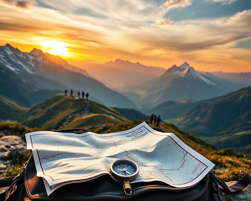 A panoramic view of the Andes mountains at sunrise, showcasing a winding hiking trail leading through lush valleys and rugged peaks. In the foreground, a detailed map spread out on a sturdy backpack, with a compass and travel journal beside it, symbolizes route planning. In the middle ground, small, accurately depicted hikers in professional outdoor gear navigate the trail, capturing a sense of adventure and purpose. The background features towering, snow-capped summits bathed in soft golden light, with wispy clouds accentuating the dramatic sky. The atmosphere is inspiring and serene, emphasizing the excitement of exploring diverse terrains while providing a sense of scale and majesty. Ideal for illustrating effective travel planning in high-altitude environments.