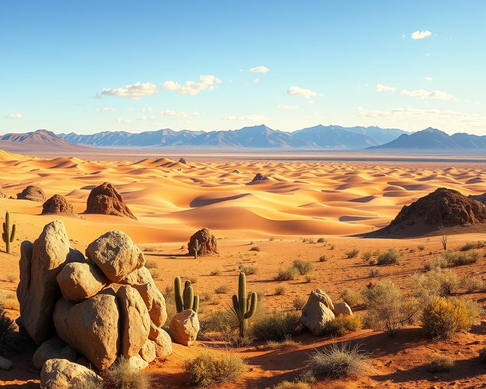 A panoramic view of the Atacama Desert in Chile, showcasing its surreal landscapes. In the foreground, include unique rock formations and sparse, hardy desert vegetation, like cacti and shrubs. The middle ground features vast stretches of golden sand dunes, with gentle undulations reflecting the soft sunlight. The background showcases the dramatic Andes mountains under a clear blue sky with sparse, fluffy clouds. Capture the warm, golden light of the late afternoon sun casting long shadows and enhancing the rich colors of the desert. The atmosphere should feel tranquil and otherworldly, highlighting the desert's extreme dryness and vastness. Use a wide-angle lens to emphasize the expanse of the landscape and create a sense of depth.