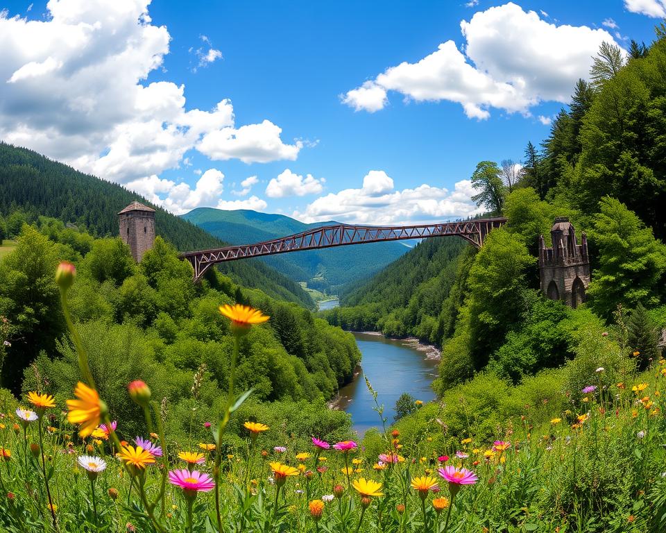 A panoramic view of the Eifel region, showcasing the breathtaking Hängebrücke (hanging bridge) amid lush, green forests and gentle hills. The foreground features vibrant wildflowers swaying in a light breeze. In the middle ground, the elegant wooden structure of the bridge spans gracefully over a serene river, its intricate design highlighted by soft afternoon sunlight. The background reveals majestic mountains under a clear blue sky with fluffy white clouds, creating an inviting atmosphere. The scene is captured with a wide-angle lens, emphasizing the scale of the bridge, and the lighting is warm, casting gentle shadows. This image conveys a sense of adventure and tranquility, inviting viewers to experience the natural beauty of the Eifel region.