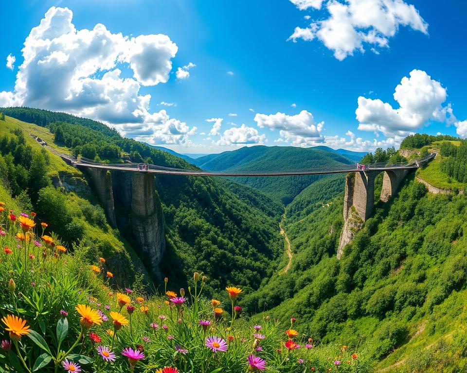 A panoramic view of the Geierlay Suspension Bridge, gracefully arching over a lush, green valley filled with dense forests. The foreground features vibrant, wildflowers in various colors, swaying gently in the breeze. In the middle, the bridge stretches majestically between two cliffs, with visitors walking across, dressed in casual outdoor attire, capturing the sense of adventure. The background reveals rolling hills under a bright blue sky accented with fluffy white clouds, enhanced by warm sunlight casting soft shadows. The atmosphere is inviting and thrilling, evoking a sense of exploration and connection with nature. Use a wide-angle lens to capture the expansive landscape and emphasize the bridge's height and beauty.