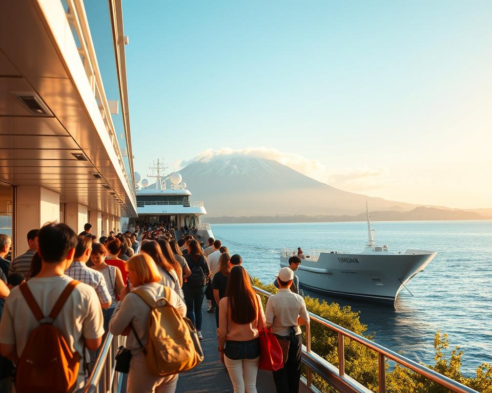 A panoramic view of the Kagoshima ferry terminal bustling with activity, showcasing the modern ferry “Fähre Kagoshima Sakurajima” preparing to depart. In the foreground, passengers with casual clothing await on the boarding deck, excitedly gazing towards the ferry. The middle ground captures the sleek ferry with its distinct design, glistening in the sunlight, while crew members assist with boarding. In the background, the stunning Sakurajima volcano rises majestically, partially shrouded in soft clouds under a bright blue sky. The scene is bathed in warm, golden light of late afternoon, creating a vibrant and inviting atmosphere, with hints of lush greenery along the coast. The overall mood is one of adventure and anticipation, inviting onlookers to explore the wonders of Sakurajima.