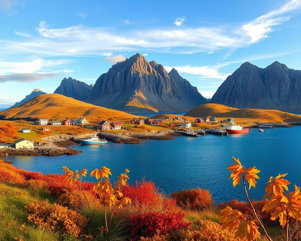 A panoramic view of the Lofoten Islands in Norway during the vibrant autumn season, showcasing a rugged coastal landscape. In the foreground, there are colorful autumn foliage with shades of orange, red, and yellow, interspersed with patches of green grass. The middle ground features traditional red cabins along the shoreline with fishing boats gently bobbing in the clear blue water. In the background, dramatic peaks rise sharply against a clear sky, partially covered by wisps of white clouds. The early evening light casts a warm, golden hue over the scene, enhancing the rich colors of the landscape and creating a tranquil, inviting atmosphere. The composition is shot from a slightly elevated perspective to capture the full beauty of this seasonal transition.