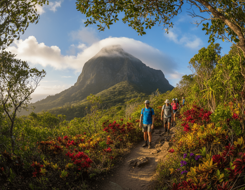 A panoramic view of the Morne Brabant path in Mauritius, showcasing the winding trail leading up to the majestic peak. In the foreground, a well-trodden path bordered by lush greenery and vibrant tropical flowers. The middle ground features hikers in modest casual clothing, carefully navigating the trail, with serene expressions reflecting their determination. The background displays the towering Le Morne Brabant, shrouded slightly in mist, under a bright blue sky with fluffy clouds. Soft sunlight filters through the foliage, casting dappled light on the path. The atmosphere is inviting and adventurous, capturing the essence of a rewarding hike in a UNESCO World Heritage Site. Use a wide-angle lens to emphasize the grandeur of the landscape and evoke a sense of exploration.