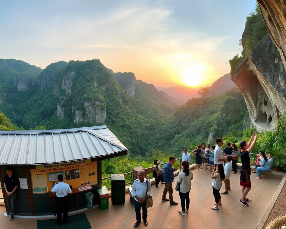 A panoramic view of the Mua Caves in Vietnam, highlighting their majestic limestone formations and lush greenery surrounding the area. In the foreground, a well-maintained ticket booth with friendly staff in smart casual attire is visible, welcoming visitors. In the middle ground, vibrant tourists taking pictures and enjoying the scenery, all dressed in casual, modest clothing. The background features steep hills and the sun setting low in the sky, casting a warm golden light over the landscape. Capture the serene and adventurous atmosphere, suggesting exploration and discovery within the caves. Use a wide-angle lens to emphasize the scale of the caves and surrounding nature, with soft, diffused lighting to enhance the mood of a peaceful evening.