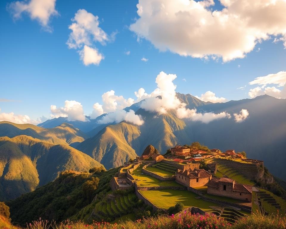 A panoramic view of the Sacred Valley in Peru, showcasing the dramatic terraced mountains and lush green fields in the foreground. In the middle ground, include ancient Incan ruins like Ollantaytambo and picturesque villages with traditional adobe houses, surrounded by vibrant wildflowers. The background features towering, mist-covered peaks beneath a bright blue sky adorned with fluffy white clouds. Emphasize the golden hour lighting, casting warm, soft shadows across the landscape, enhancing the rich textures of the earth and stone. Create a serene and inviting atmosphere that conveys the historical and cultural significance of these important locations. Ensure the scene is clear of any human figures to maintain focus on the natural beauty and archaeological sites.