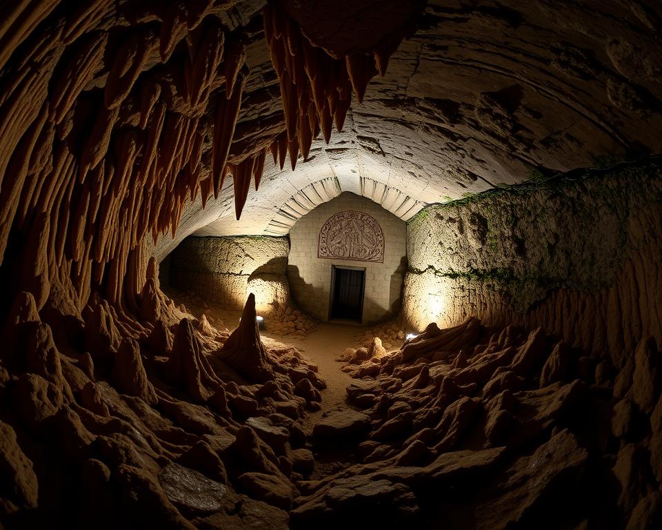 A panoramic view of the Schlossberghöhlen Homburg, capturing its historical essence. In the foreground, intricately formed stalactites and stalagmites glisten under soft, ambient lighting, casting subtle shadows on the rocky terrain. The middle ground features an archway leading into the deeper caves, adorned with ancient carvings that hint at its rich history. The background displays a stone wall textured with moss and lichen, illustrating the passage of time. The lighting is dim yet warm, evoking a mystical atmosphere reminiscent of ancient secrets waiting to be discovered. Capture the scene with a wide-angle lens for depth, emphasizing both the grandeur of the caves and the intimate details of the geological formations. Aim for a mood of intrigue and exploration.