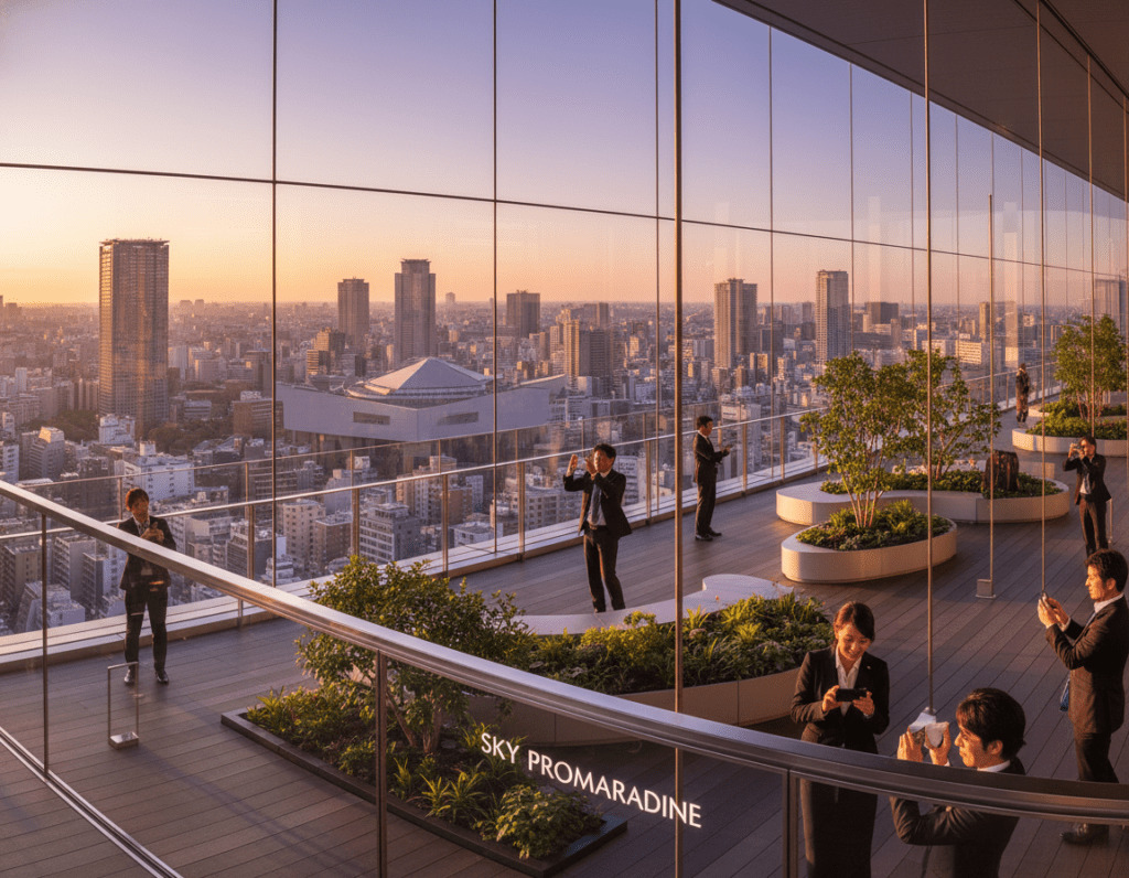 A panoramic view of the Sky Promenade at Midland Square in Nagoya, showcasing its modern architectural lines and expansive glass façade. In the foreground, people in professional business attire are enjoying the observation deck, some taking photos with the cityscape as a backdrop. The middle ground highlights the sleek observation area with metal railings, surrounded by lush greenery and modern seating. The background captures Nagoya's skyline with notable buildings, and the majestic Aichi Prefectural Art Museum peeking through. The scene is illuminated by soft, warm sunlight, creating a welcoming atmosphere during the golden hour, emphasizing the vibrant colors of the sunset reflecting off the glass surfaces. The angle is slightly elevated to capture the scope of the view and the architectural beauty of the promenade.