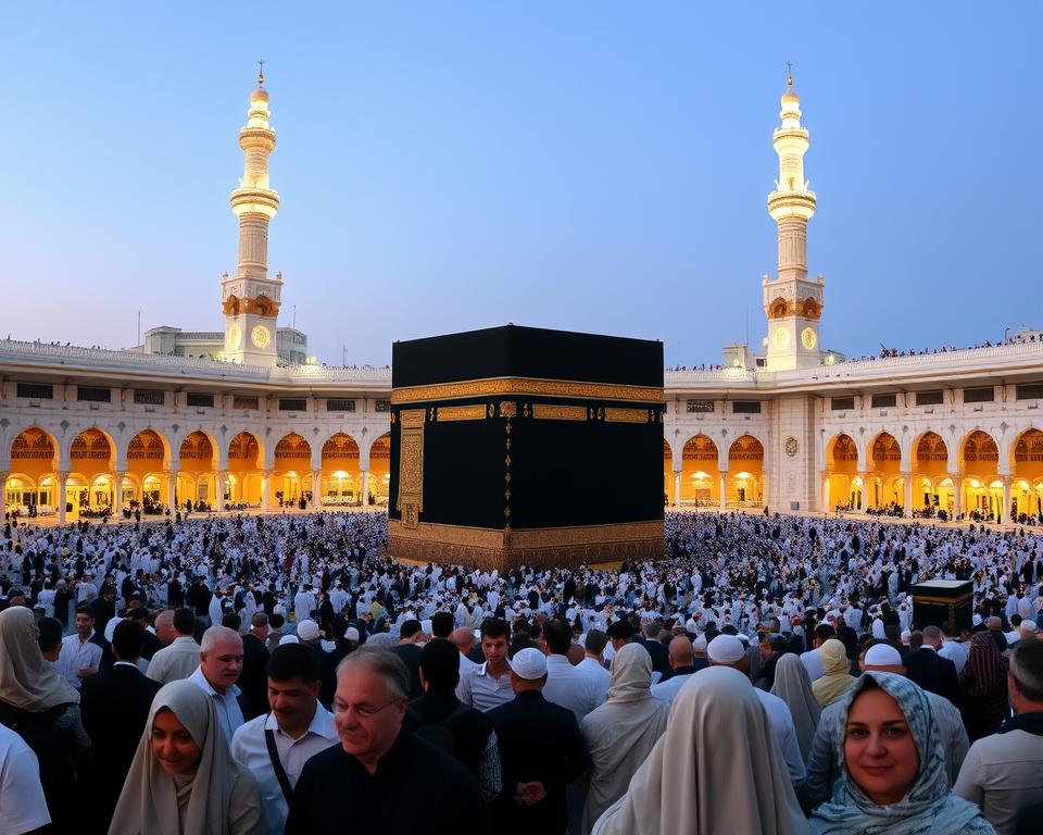 A panoramic view of the holy sites in Mecca during twilight, emphasizing the grandeur of the Kaaba at the center, surrounded by pilgrims in modest clothing. The foreground features a diverse group of worshippers, captured in a moment of devotion, their faces reflecting reverence and tranquility. In the middle, the striking black and gold structure of the Kaaba, adorned with intricate details and shining under subtle, warm lighting. The background showcases the expansive Grand Mosque, with its white marble architecture and beautifully lit minarets reaching into the dusky sky. The mood is serene and spiritual, conveying a sense of peace and unity as visitors engage in their pilgrimage. The image is shot from a slightly elevated angle to provide depth, with a focus on the harmony and sacredness of the moment. A panoramic view of the holy sites in Mecca during twilight, emphasizing the grandeur of the Kaaba at the center, surrounded by pilgrims in modest clothing. The foreground features a diverse group of worshippers, captured in a moment of devotion, their faces reflecting reverence and tranquility. In the middle, the striking black and gold structure of the Kaaba, adorned with intricate details and shining under subtle, warm lighting. The background showcases the expansive Grand Mosque, with its white marble architecture and beautifully lit minarets reaching into the dusky sky. The mood is serene and spiritual, conveying a sense of peace and unity as visitors engage in their pilgrimage. The image is shot from a slightly elevated angle to provide depth, with a focus on the harmony and sacredness of the moment.